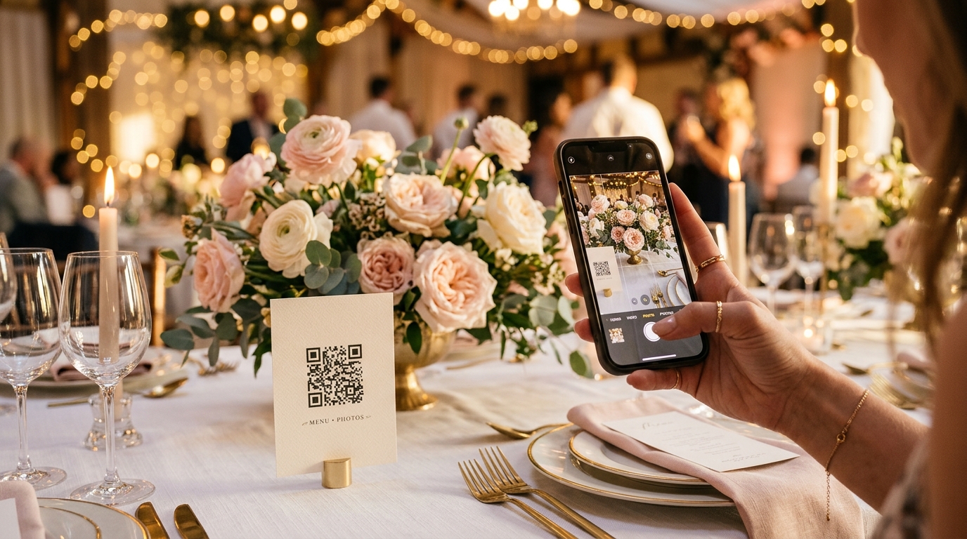 Misafir düğün masasındaki QR kartı telefonuyla okutuyor